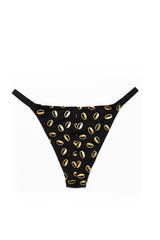 rear view of ebony and ivory yemaya tanga in black with gold cowrie shell print on white background