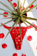 overhead view of red ebony and ivory yemaya tanga underwear with gold cowrie shell print surrounded by rose petals and plant overhead 